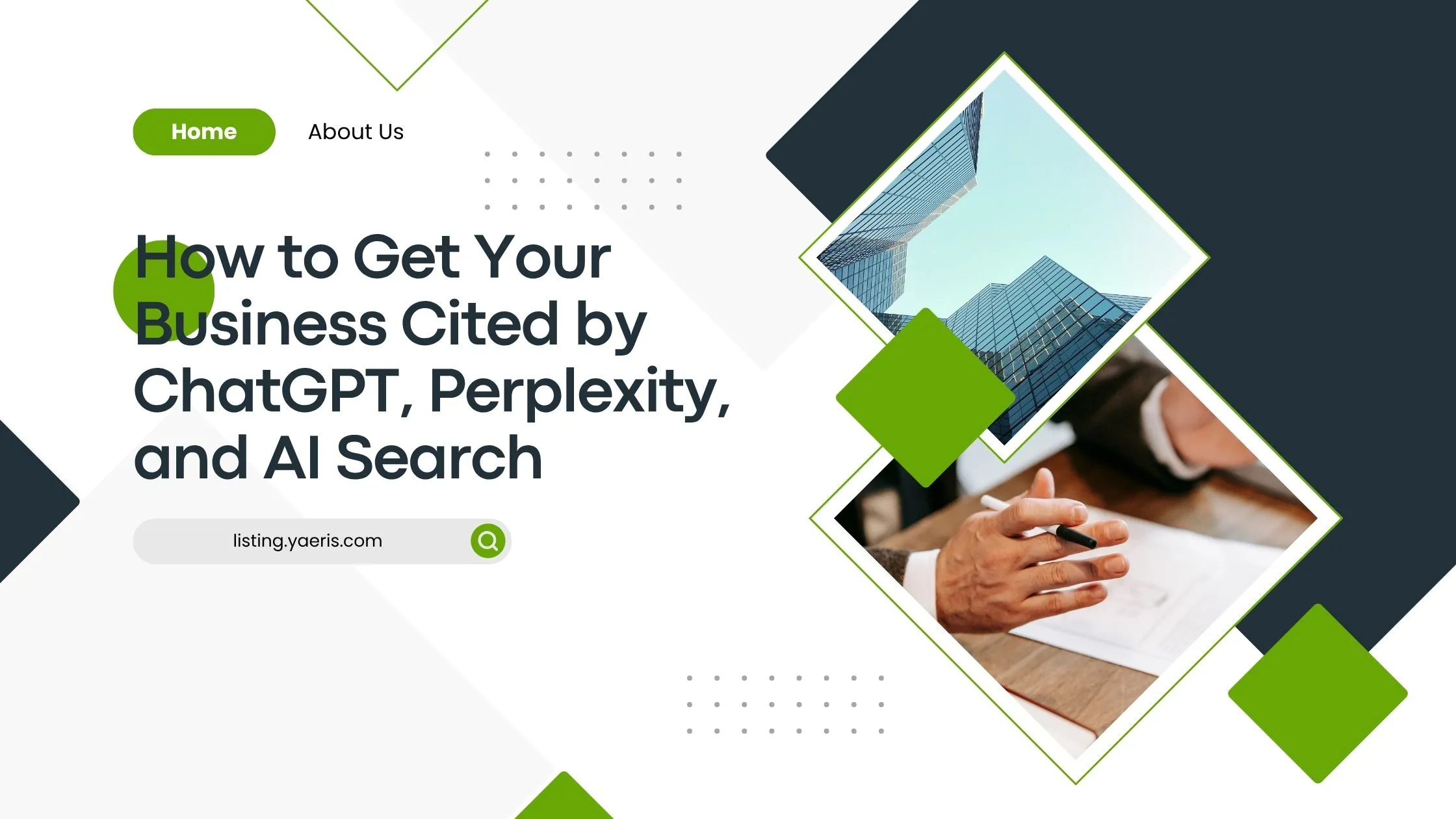 Split-screen graphic of a glass office building exterior and a hand holding a pen over documents, next to the headline How to Get Your Business Cited by ChatGPT, Perplexity, and AI Search